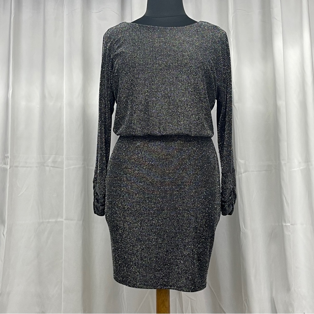 14P Jessica Howard Silver Black Long Sleeve Evening LBD Stretch Ruched Sleeve